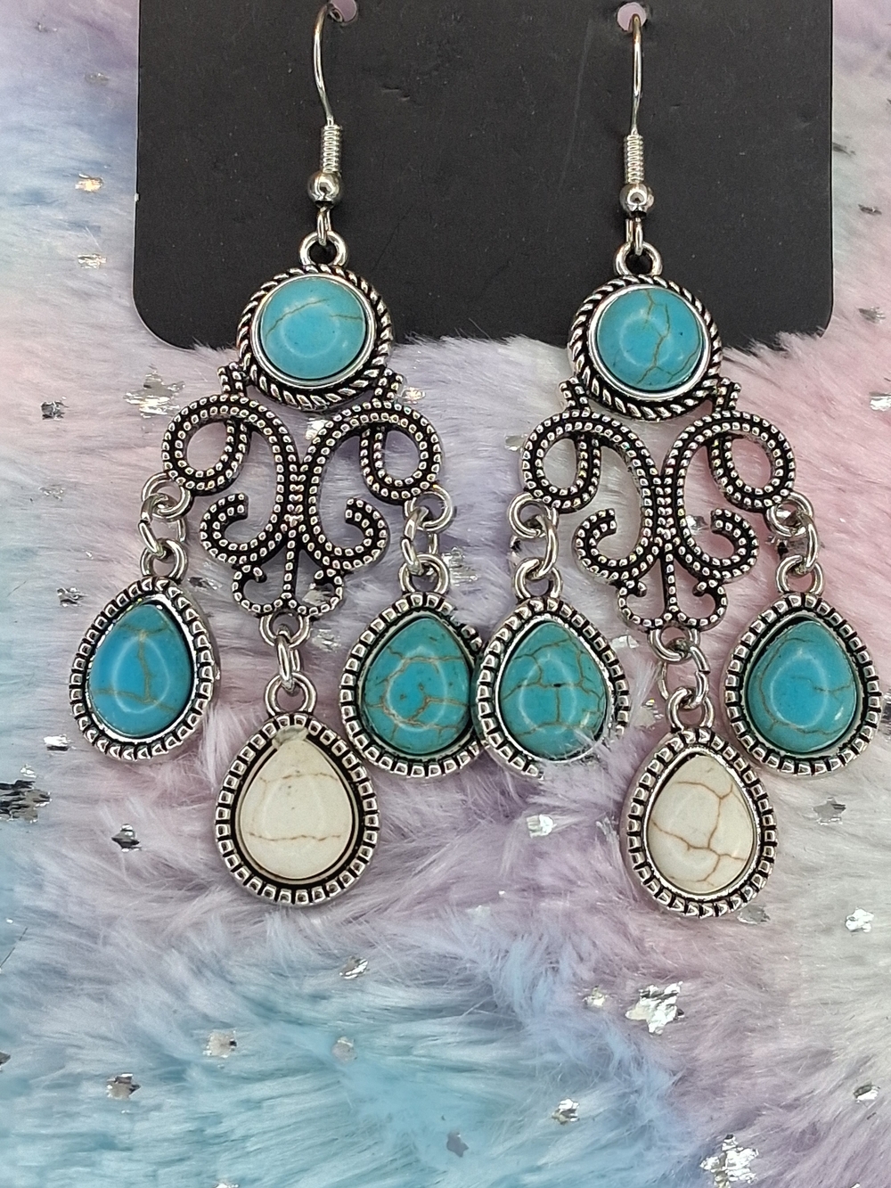 Turquoise and White Crackle Stone Boho Chandelier Earrings